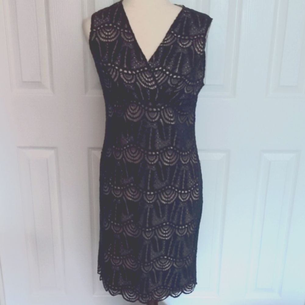 Sharagano Elegant Navy Nude Lace  Sheath Dress Size 10P